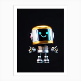 Cartoon Happy Cybernetic Robot Emoji On A Black Backdrop Minimalist 3d Render Holographic Gradient Art Print