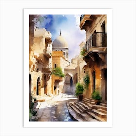 Watercolor Of Old Town Street Art Print