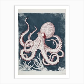 Linocut Inspired Navy Red Octopus With Coral 6 Art Print