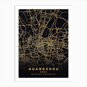 Guangzhou China Black And Gold Map Art Print