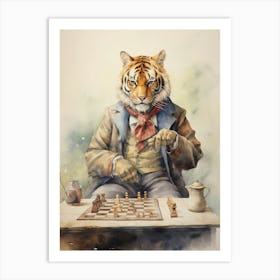 Tiger Illustration Playing Chess Watercolour 1 Art Print