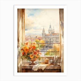 Window View Of Madrid Spain In Autumn Fall, Watercolour 2 Art Print