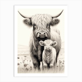 Black & White Illustration Of Highland Cow With Calf 2 Art Print