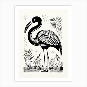 B&W Bird Linocut Flamingo 2 Art Print
