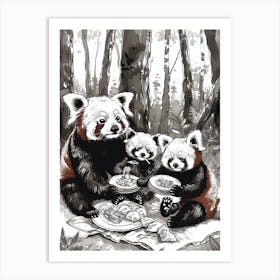 Red Panda Family Picnicking In The Woods Ink Illustration 4 Art Print