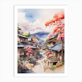 Watercolor Of Japanese Village Art Print