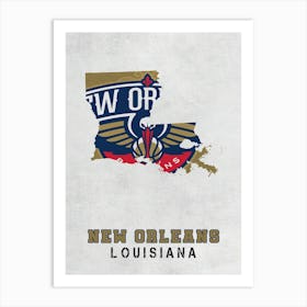 New Orleans Pelicans New Orleans Louisiana State Map Art Print