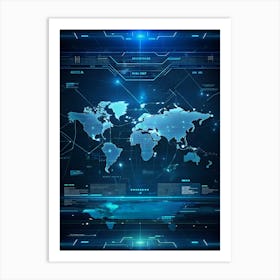 Futuristic Blue Digital Interface With World Map Art Print