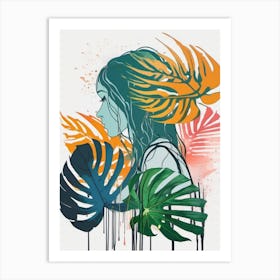 Tropical Girl With Leaves with Women Silhouette Art Print