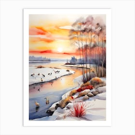 Winter Scene With Ducks Art Print