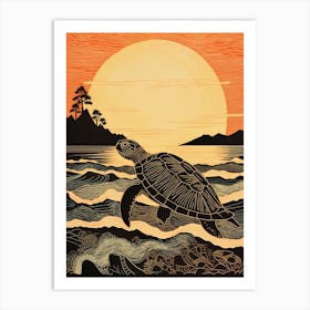 Linocut Illustration Style Of Sea Turtle And Sunset Black & Orange Art Print