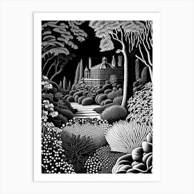Alnwick Garden, United Kingdom Linocut Black And White Vintage Art Print