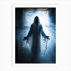 Ghostly Apparition Shrouded In Ethereal Veil Representing Religious Blindness Man Trapped In A Curt (2) Art Print