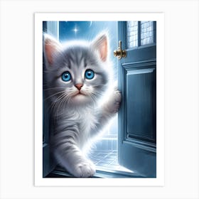 Cute kitten peeping through a door wall art print poster Art Print
