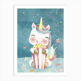 Cute Pastel Unicorn Eating Popcorn Blue Background 2 Art Print