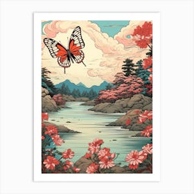 Butterflies At Sunset By The River Japanese Style Painting 3 Art Print