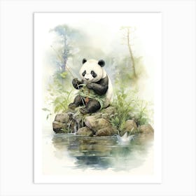 Panda Art Fishing Watercolour 3 Art Print