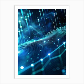 Abstract Background With A Flowing, Wave Like Pattern Of Blue Lines, Grids, And Glowing Dots, Creating A Sense Of Data Flow And Energy Art Print