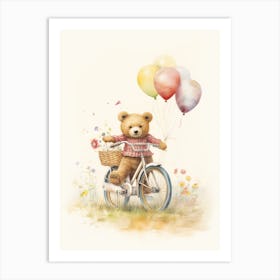 Bicycling Teddy Bear Painting Watercolour 3 Art Print
