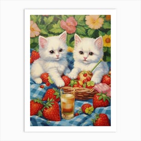 White Cats Picnic Illustration Kitsch 4 Art Print