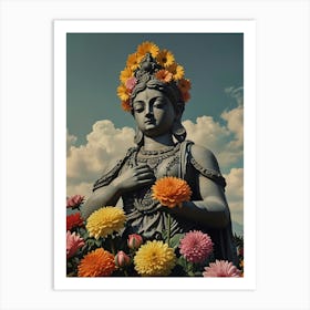 Buddha Statue With Flowers Art Print