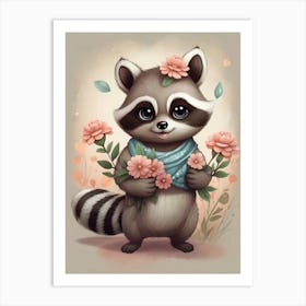 Vintage Raccoon With Flowers Art Print