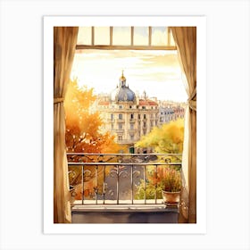 Window View Of Madrid Spain In Autumn Fall, Watercolour 4 Art Print