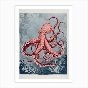 Detailed Octopus On The Ocean Floor Linocut Inspired 2 Art Print