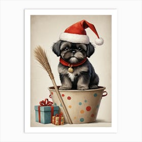 Christmas Shih Tzu Dog Wear Santa Hat (12) Art Print