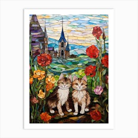 Cats With Flowers & Church In Background Stained Glass Art Print