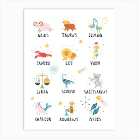 Cute Characters Of The Zodiac Signs Art Print