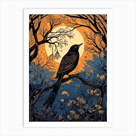 Birds And Branches Linocut Style 3 Art Print