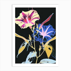 Neon Flowers On Black Morning Glory 7 Art Print