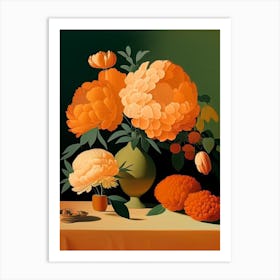Orange Peonies On A 3 Table Vintage Sketch Art Print