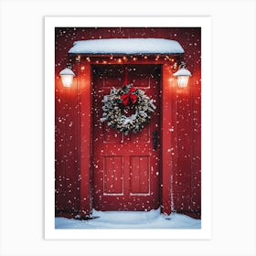 Red Festice Christmas door with wreath Art Print