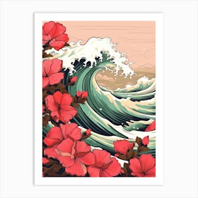 Great Wave With Azalea Flower Drawing In The Style Of Ukiyo E 1 Art Print