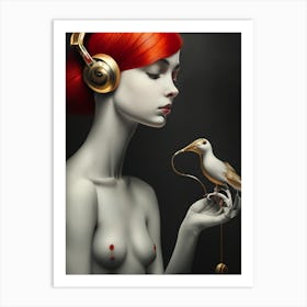 Woman With Headphones And A Bird 3 Art Print