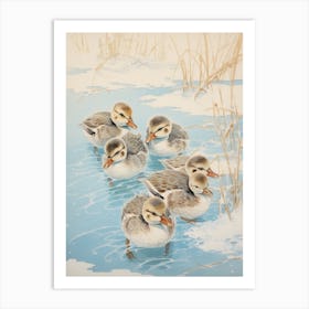 Ducklings In The Icy Water Japanese Woodblock Style 3 Art Print
