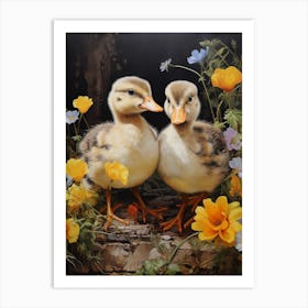 Ducklings In A Bed Of Flowers Painting 3 Art Print