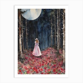 Lost in Rose Woods ~ Fairytale Art Print Witchy Wonderland Princess Maiden in Roses Enchanted Mysterious Forest, Pagan Wheel of the Year, Full Moon Watercolor Fairy Tale Painting of Woman Goddess in Pink Dress Gazing at Lunar Full Moon Art Print