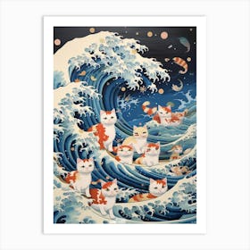 The Great Wave Off Kanagawa White Tan Cats Kitsch Art Print