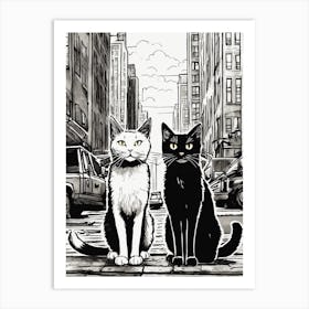 Two Cats On The Street black and white Art Print