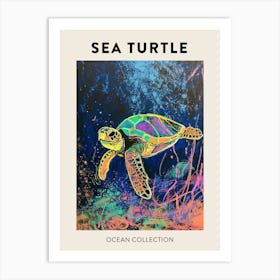 Colourful Sea Turtle Exploring Deep Into The Ocean Crayon Doodle Poster 4 Art Print