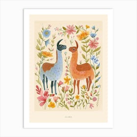 Folksy Floral Animal Drawing Llama Poster Art Print