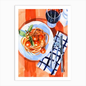 Spaghetti and Wine. Italian Food. Watercolor Kitchen Art Print