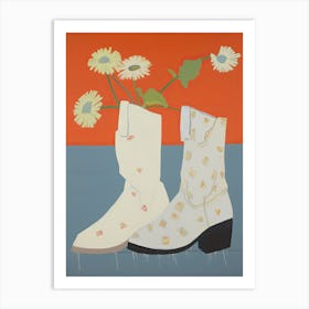 A Painting Of Cowboy Boots With Daisies Flowers, Pop Art Style 6 Art Print