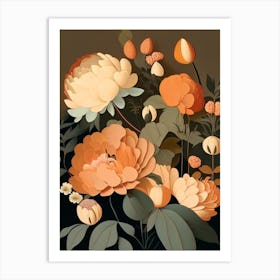 Cut Flowers Of  Peonies Orange 2 Vintage Sketch Art Print