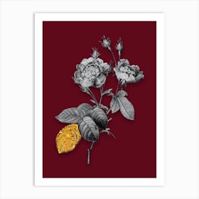 Vintage Anemone Centuries Rose Black and White Gold Leaf Floral Art on Burgundy Red n.1019 Art Print