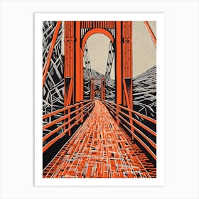 Golden Gate San Francisco Linocut Illustration Style 3 Art Print