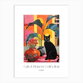 Cats & Flowers Collection Lotus Flower Vase And A Cat, A Painting In The Style Of Matisse 1 Art Print